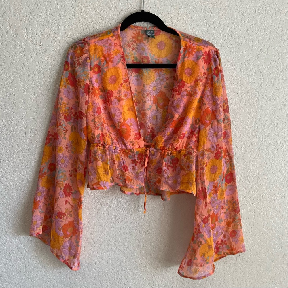 Wild Fable Top Boho Flare Sleeve Cardigan Sweater Floral Shirt Tie